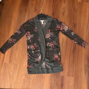 Floral Grey Sweater with Pink and Burgundy Flowers- XS